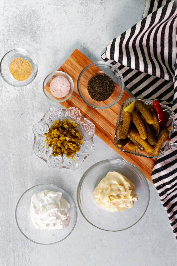 Overhead view of ingredients in keto dill dip