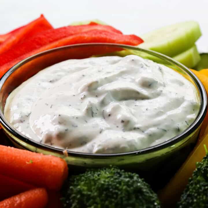 Bowl of keto dill dip with veggies