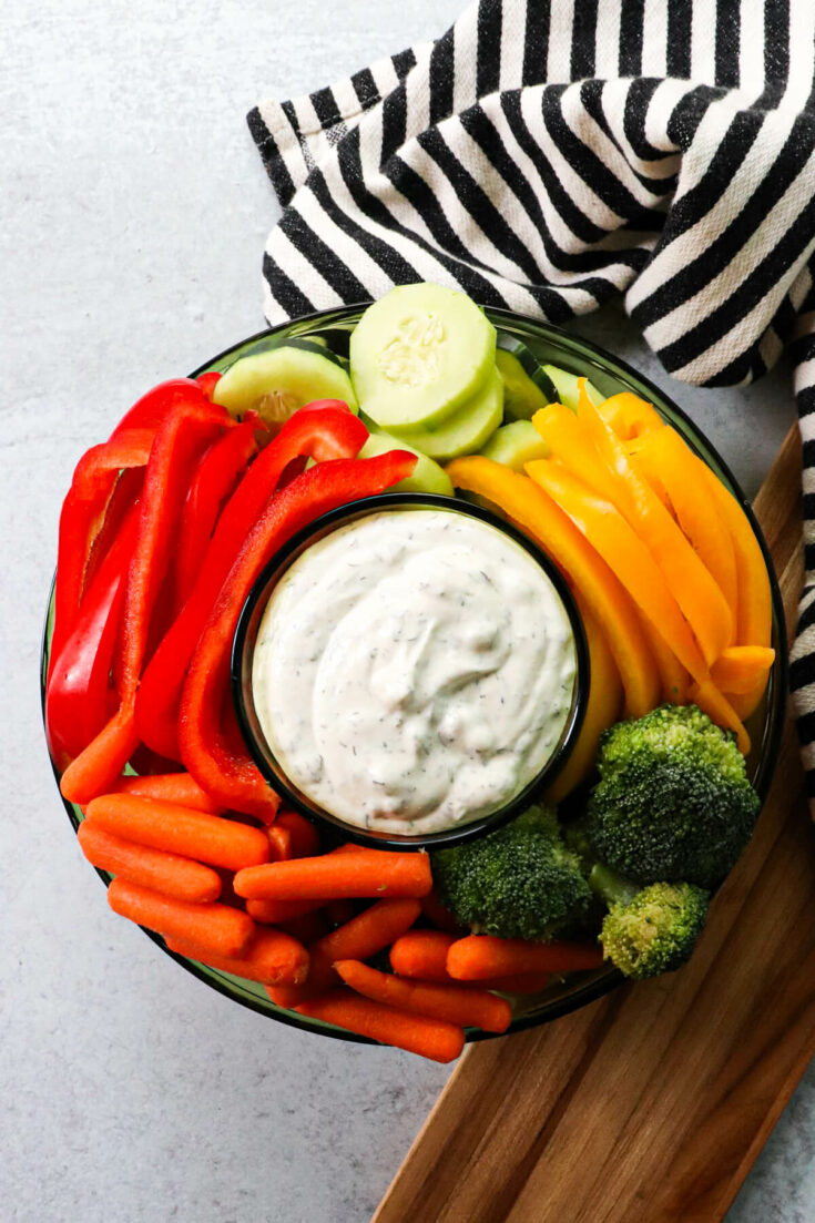 Overhead view of low carb veggie dip with vegetables