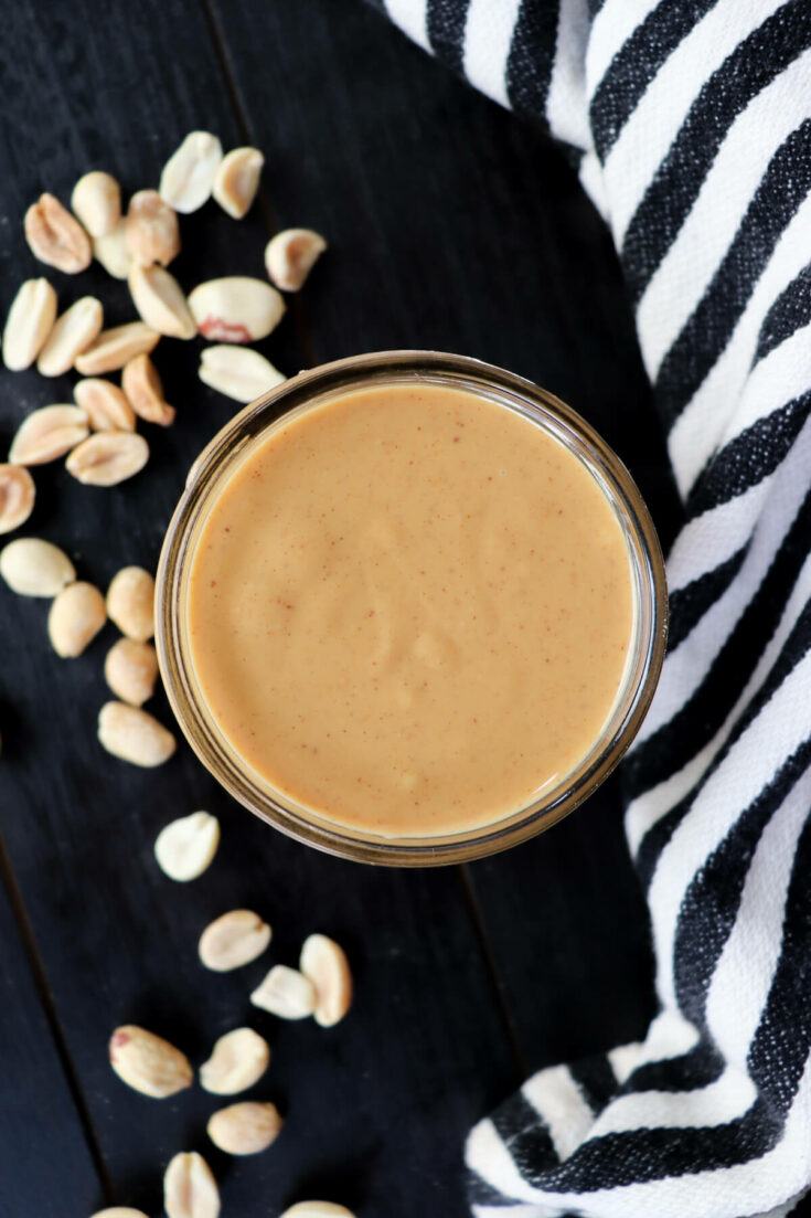 Overhead view of a jar of peanut butter