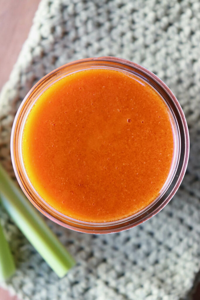 Close up overhead view of Buffalo sauce, low carb