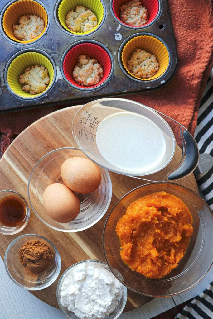 Overhead view of ingredients for keto pumpkin pie filling