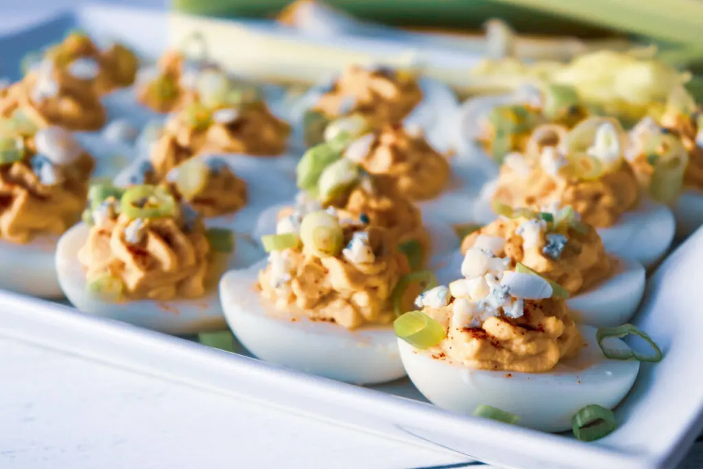 Low carb deviled eggs on a white plate