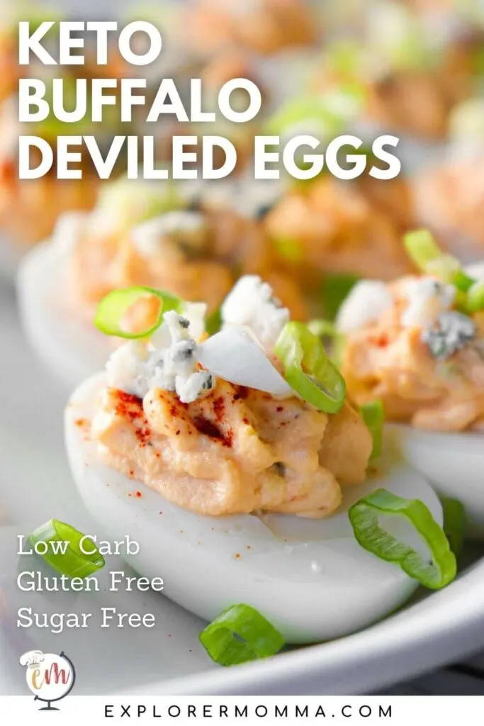 Front view of a white plate of deviled eggs