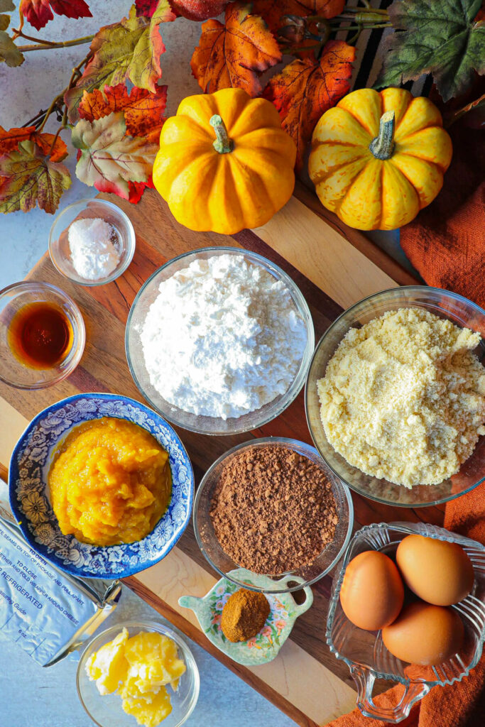 Overhead view of the ingredients in pumpkin brownies, keto