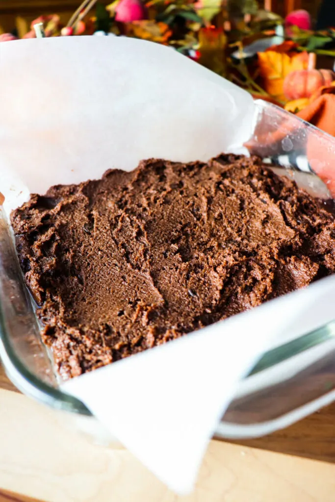 Keto brownie batter in the dish to bake