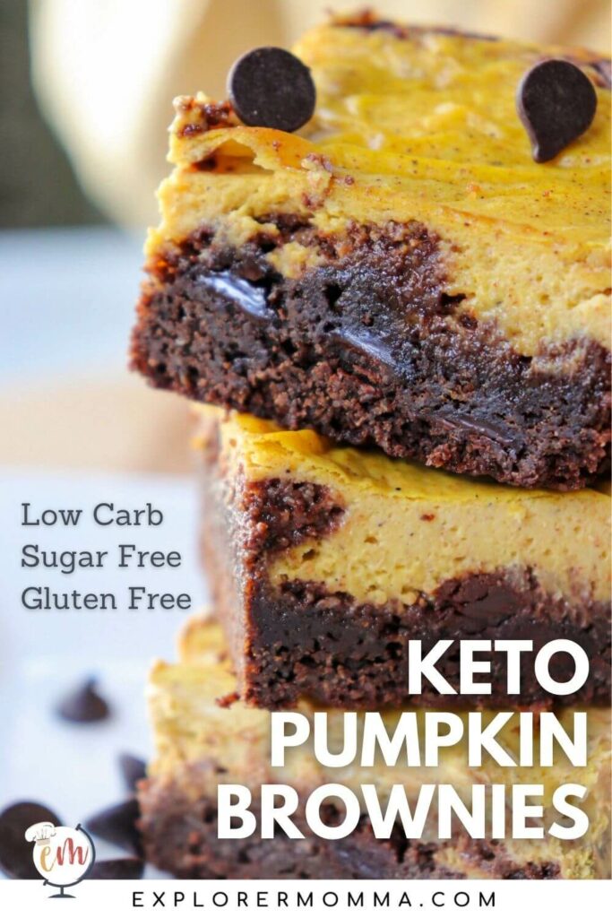 A closeup side view of a stack of keto pumpkin brownies