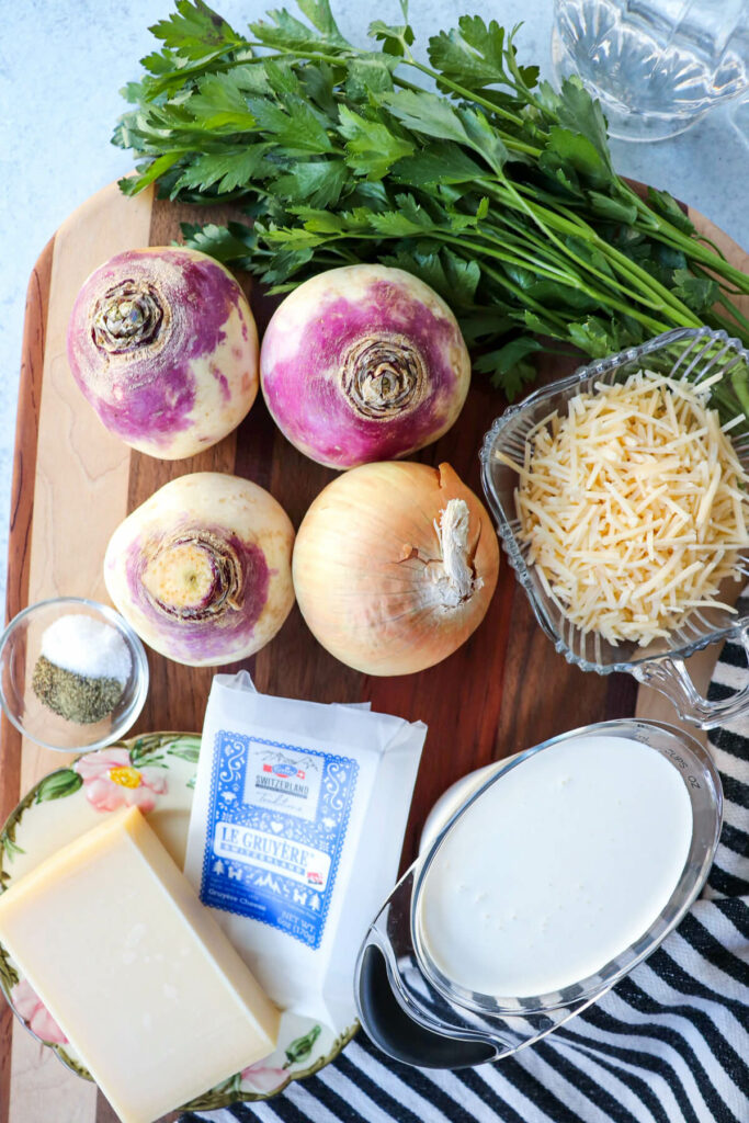 Overhead view of ingredients in keto au gratin turnips