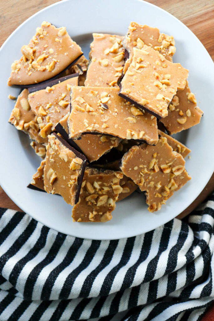 Overhead view of a plate of keto peanut butter bark.