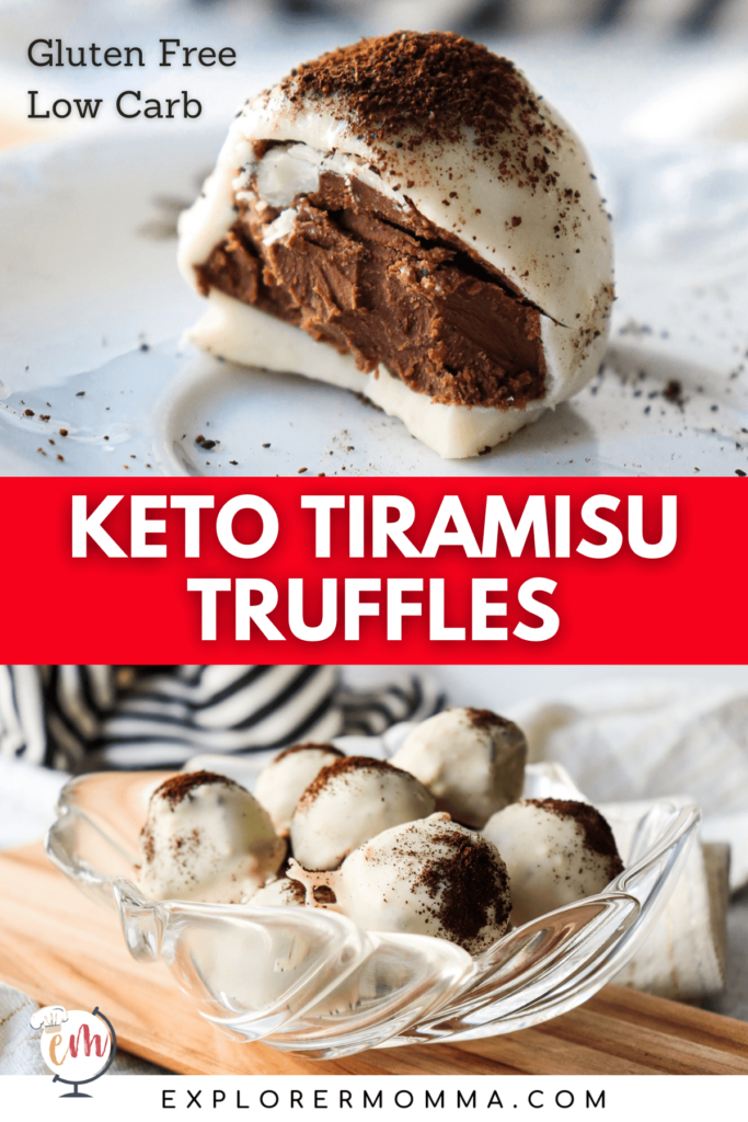 A bowl of keto tiramisu truffles. One with a bite taken out. with dark chocolate in the middle.