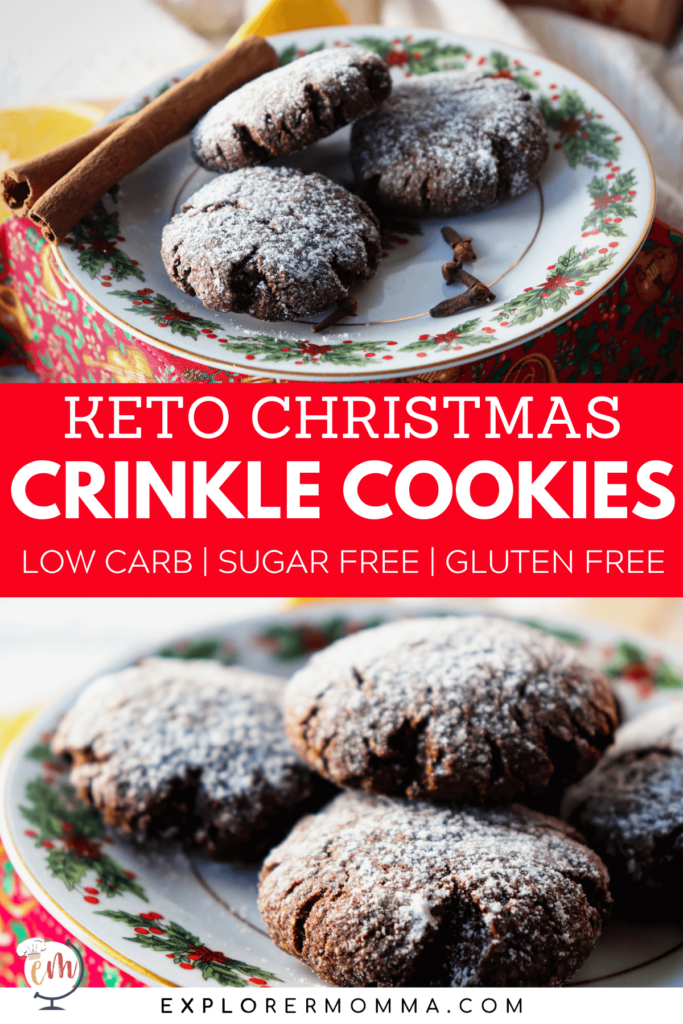 Keto Christmas crinkle cookies on a place in a stack