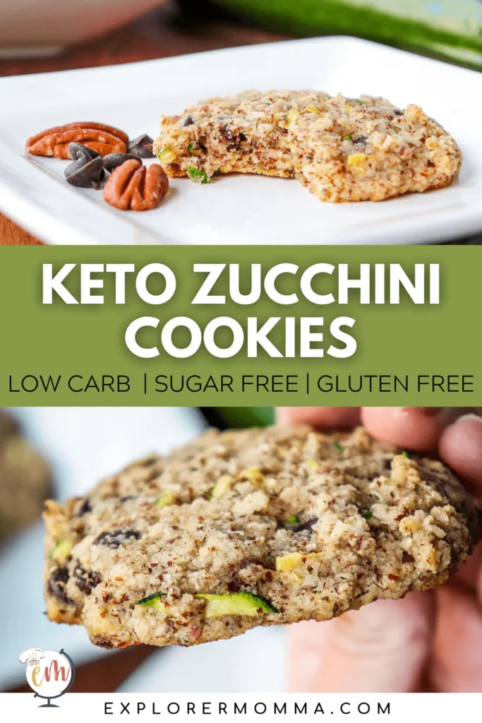 A keto zucchini cookie with a bite taken out sitting on a white plate