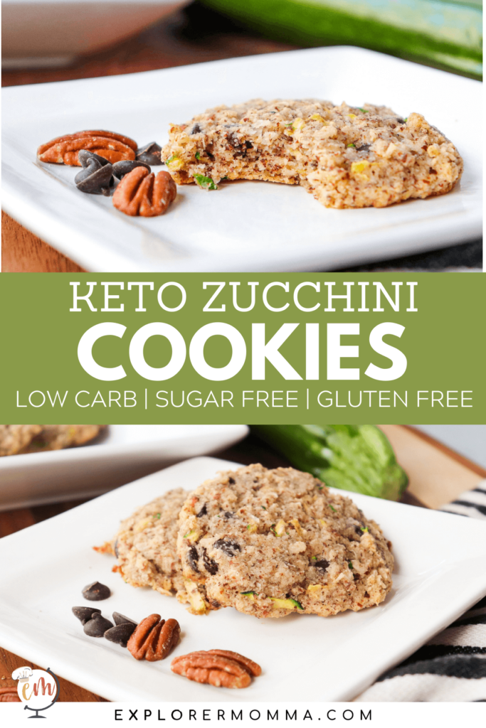 A white plate with a bite out of a keto zucchini cookie over the words, Keto Zucchini Cookies, under which another photo of 2 cookies is placed