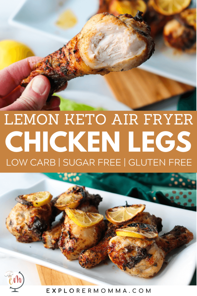 Air fryer chicken legs on a white plate, one with a bite taken out