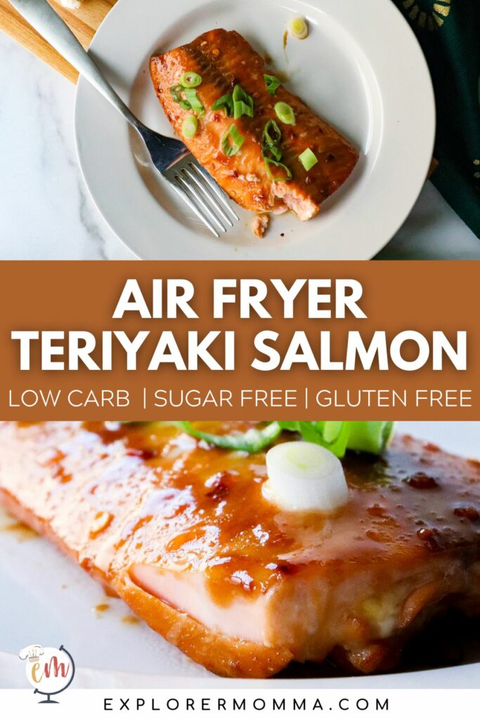 Air fryer teriyaki salmon on a white plate with a bite out.