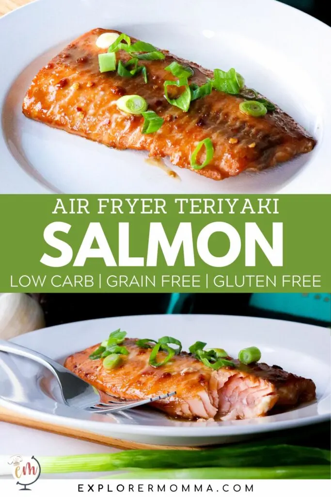 Air fryer teriyaki salmon on a white plate with a bite out.