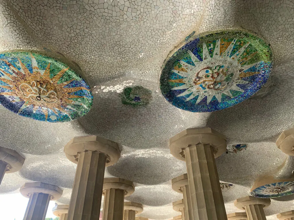 Gaudi's mosaic designs in the ceiling at Park Guell