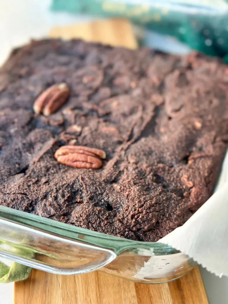 Glass baking dish with keto coconut flour brownies