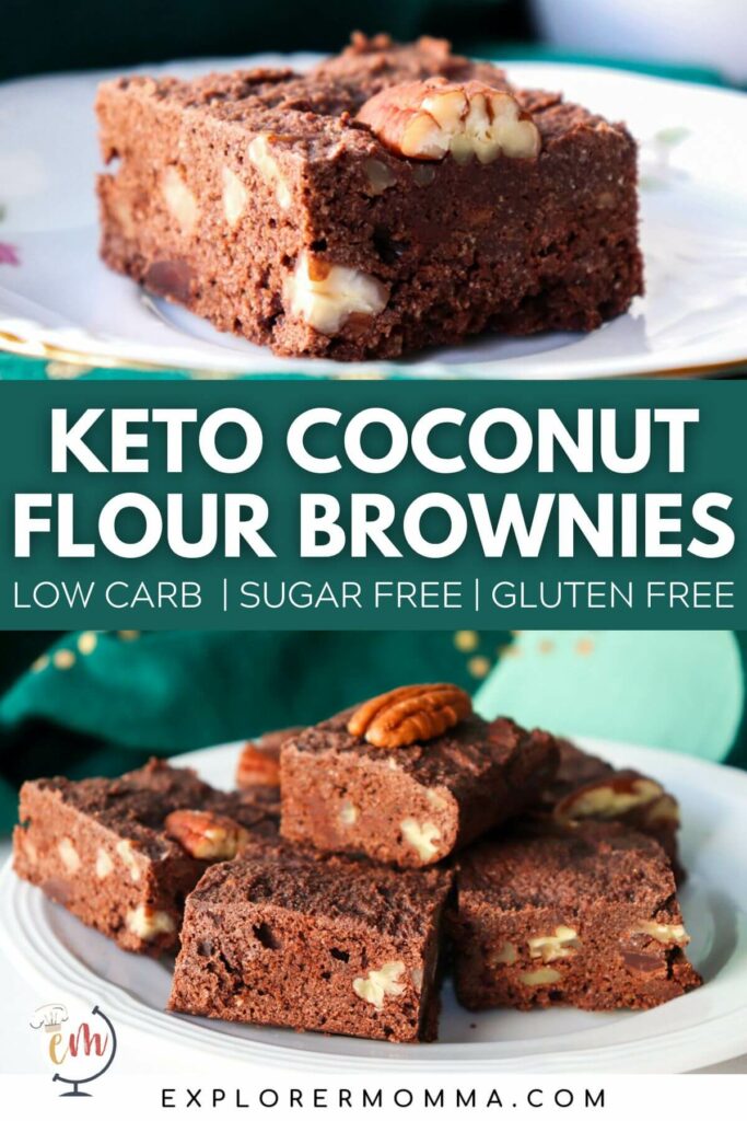 Keto coconut flour brownies with pecans on a white plate