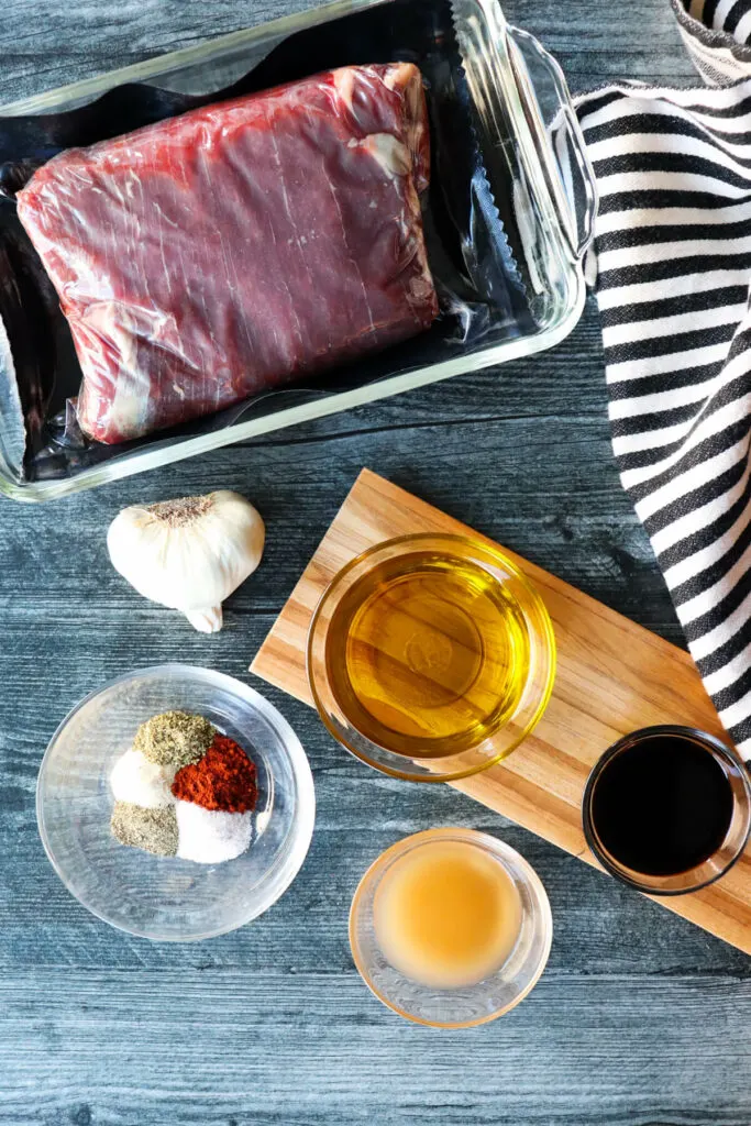 Overhead view of ingredients in low carb steak marinade for air fryer flank steak