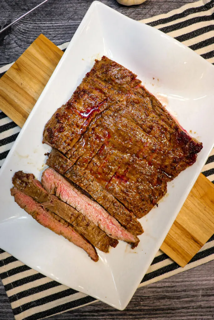 Overhead view of air fryer flank steak