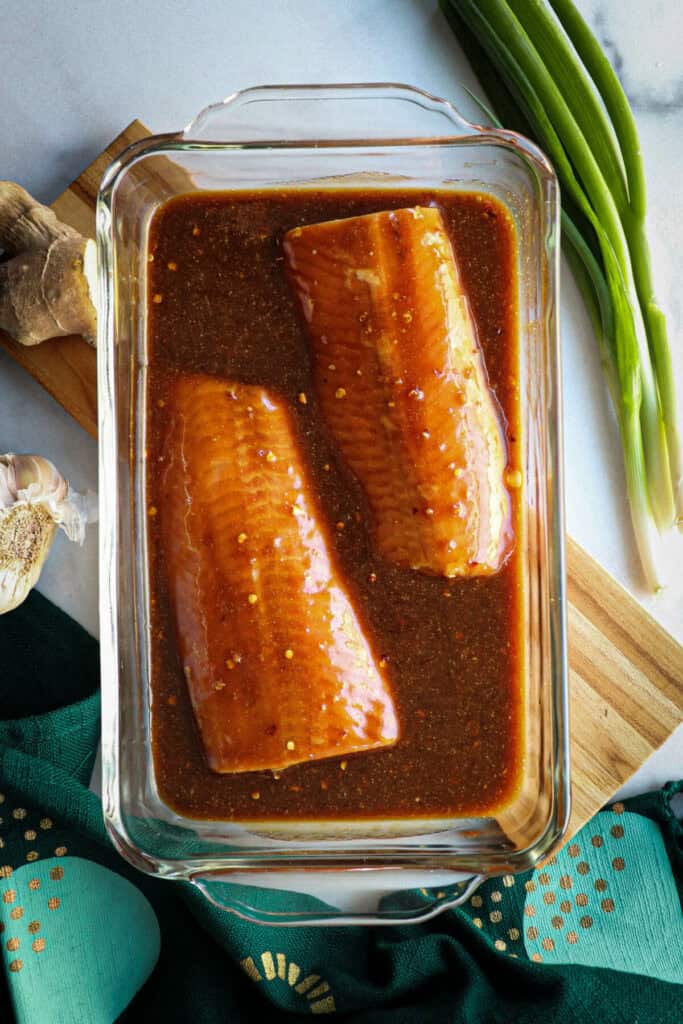 Overhead view of salmon in a teriyaki sauce marinade