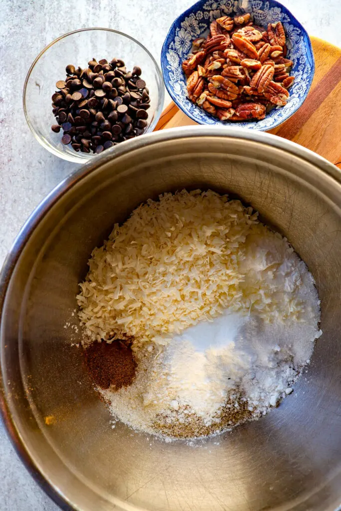 Overhead view of a metal bowl containing the dry ingredients