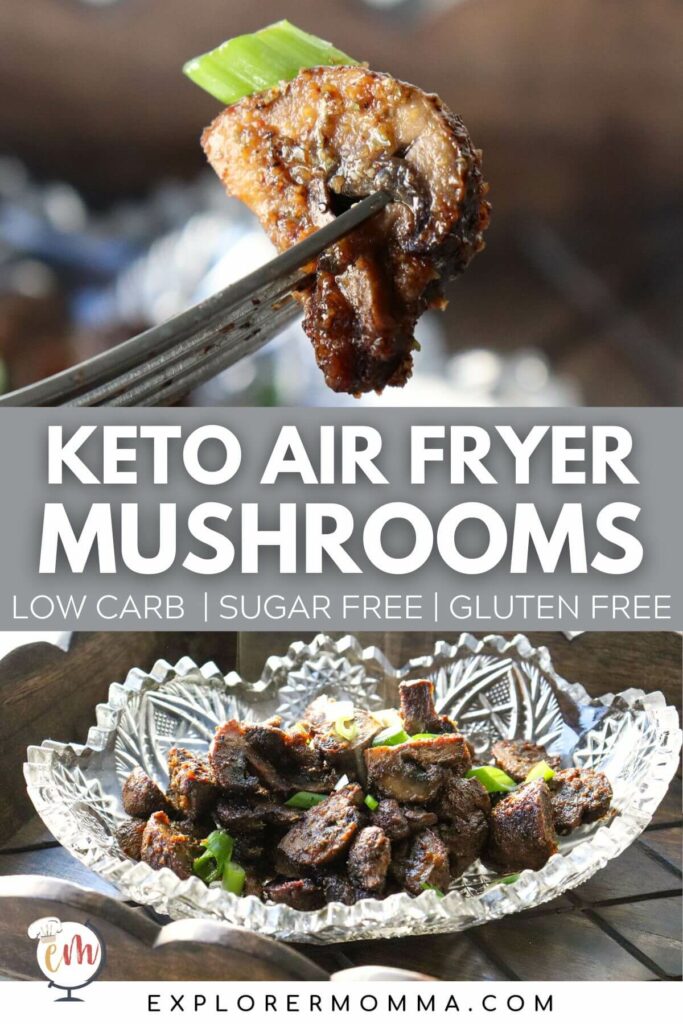 An air fried mushroom on a fork over a glass bowl of keto air fryer mushrooms