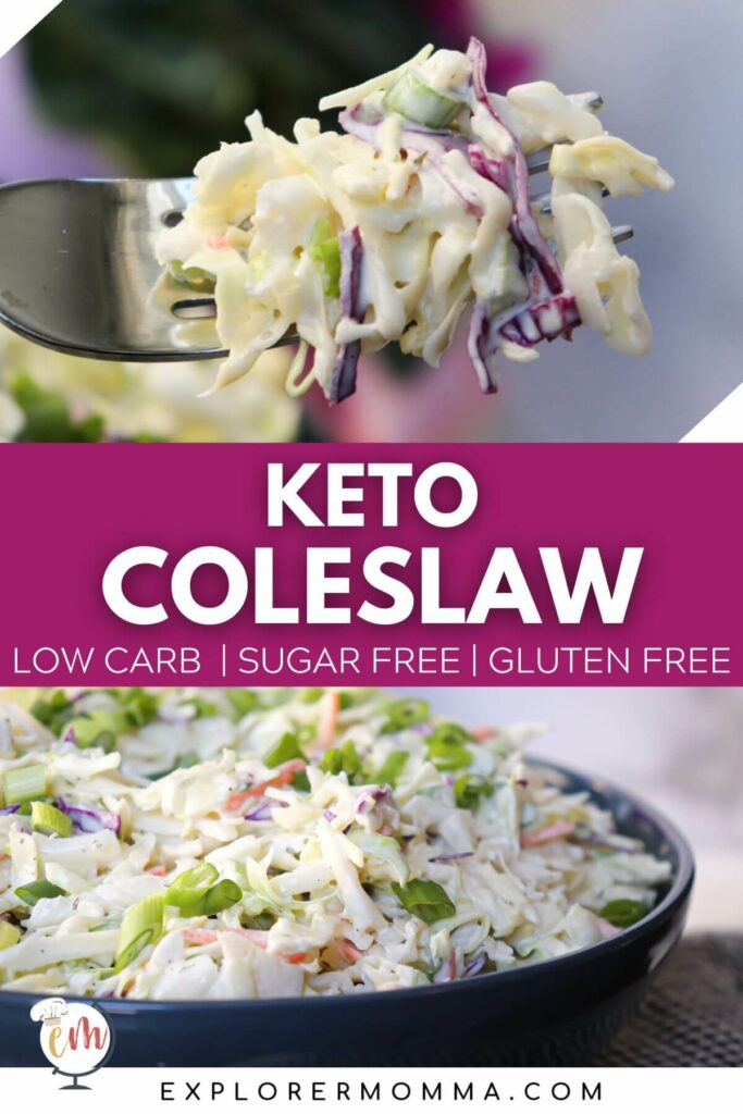 A fork with a bite of keto coleslaw over a blue bowl of the same.