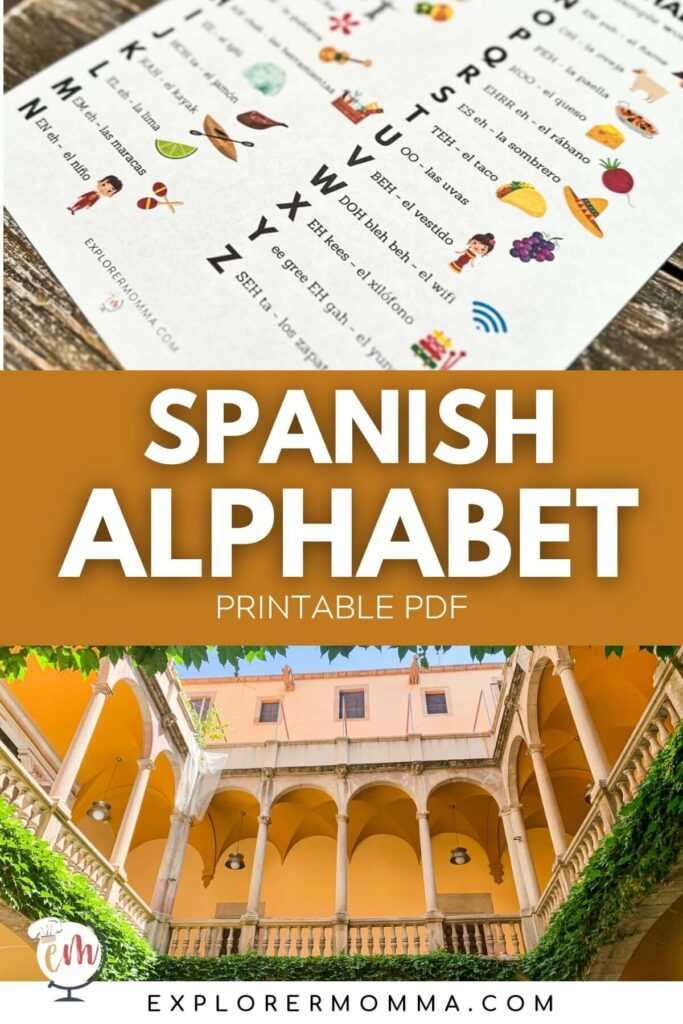 Close up front view of Spanish alphabet pdf printed and on a table