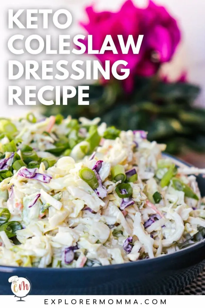 Keto coleslaw dressing recipe, keto coleslaw in a blue bowl