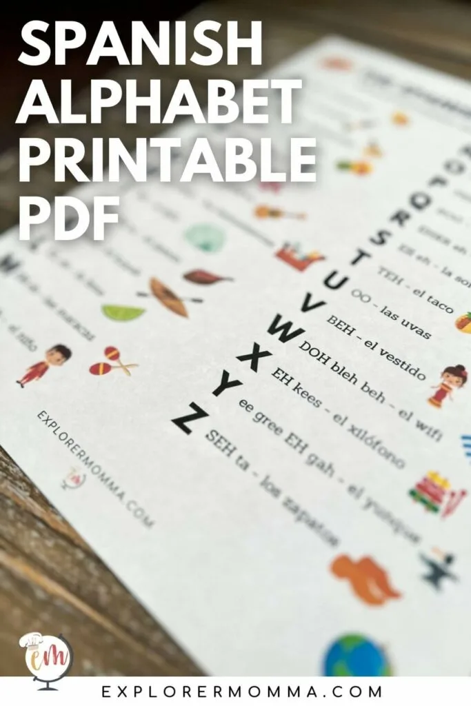Close up front view of Spanish alphabet pdf printed and on a table