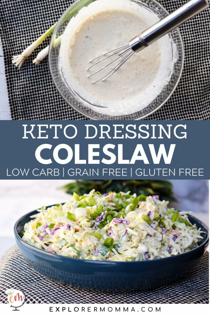 Overhead view of a keto coleslaw dressing in a glass bowl over a bowl of keto coleslaw in a blue bowl