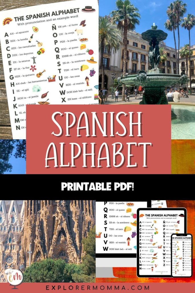 Different views on a computer, tablet, phon, and printed Explorer Momma Spanish alphabet printable pdf