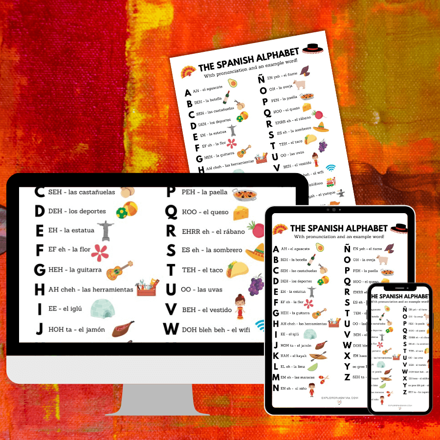 Different views on a computer, tablet, phon, and printed Explorer Momma Spanish alphabet printable pdf