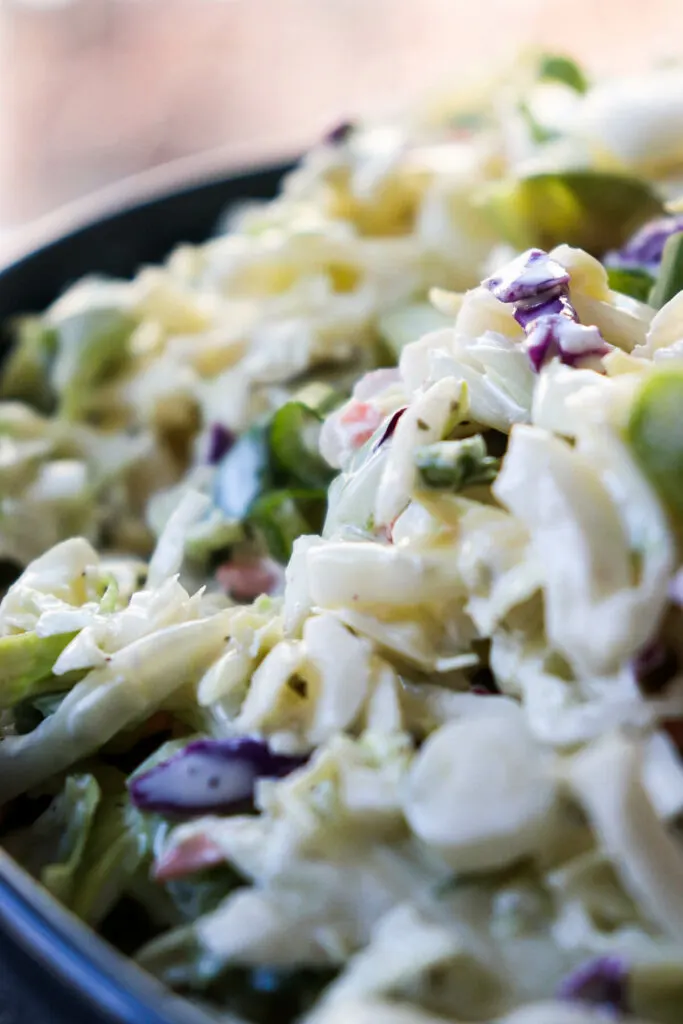A close up view of low carb coleslaw in a blue bowl
