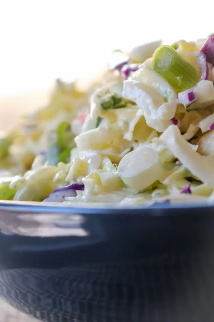 A close up side view of low carb coleslaw in a blue bowl