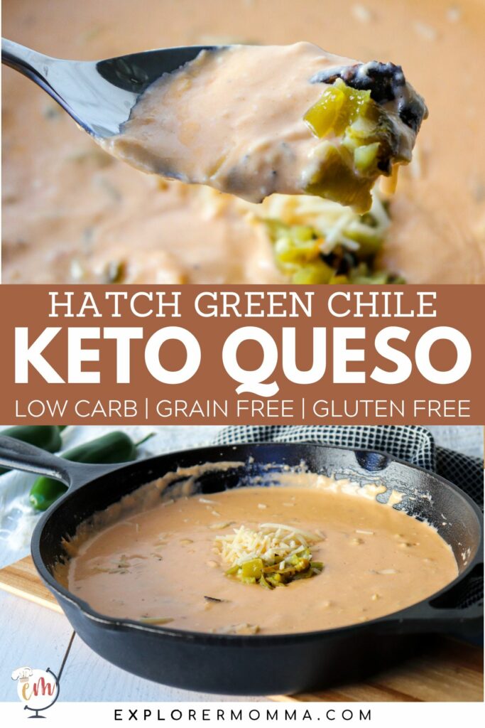 Hatch green chile queso dip close up with a bite on a spoon over a cast iron skillet full of keto queso cheese dip