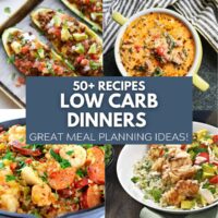 50 plus low carb dinner recipes with zucchini boat, keto Italian sausage soup, keto jambalaya, etc