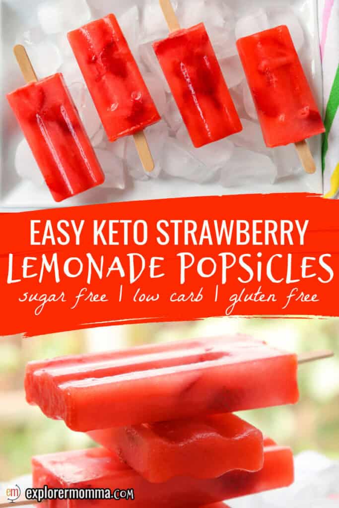 A stack of sugar free strawberry lemonade keto popsicles