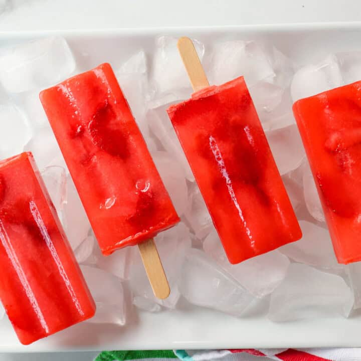 Overhead view of sugar free strawberry lemonade keto popsicles