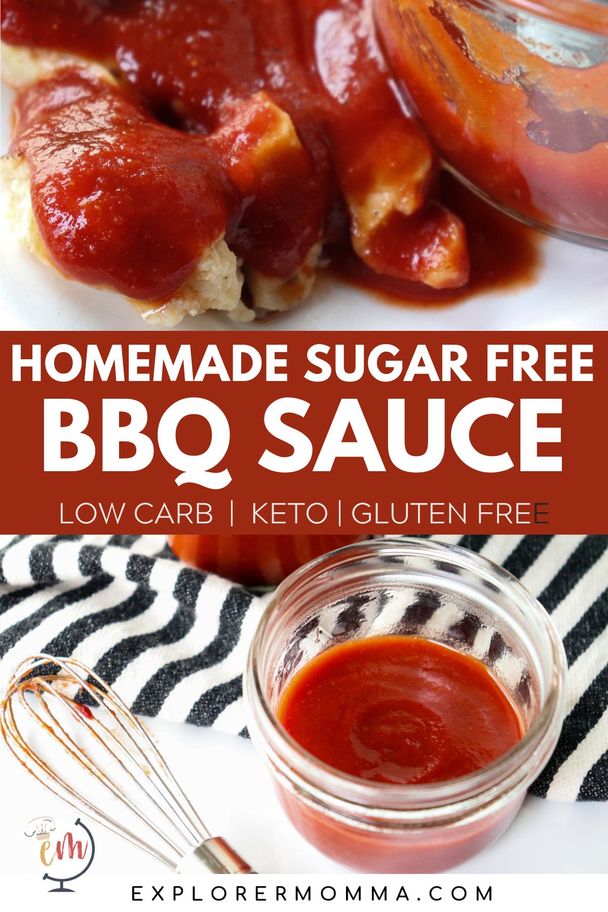 Jar of homemade sugar free bbq sauce, keto and low carb, next to chicken strips smothered in sauce