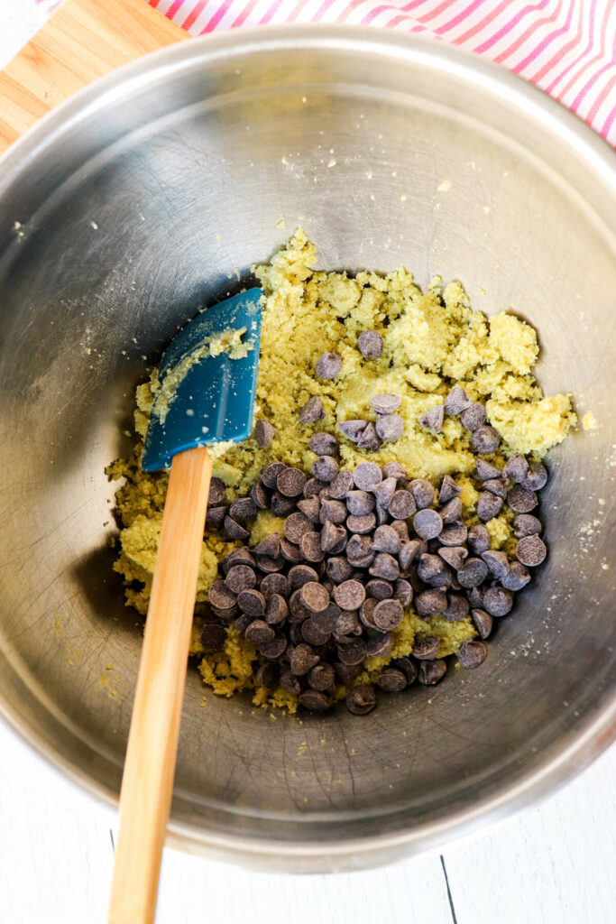 Overhead view of low carb matcha cookie dough with sugar free chocolate chips