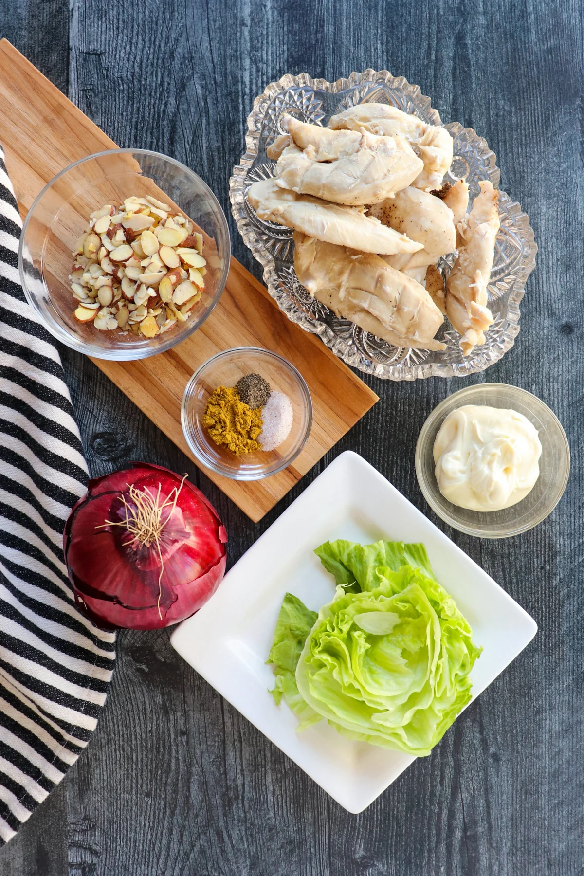 Overhead view of the ingredients in curry keto chicken salad