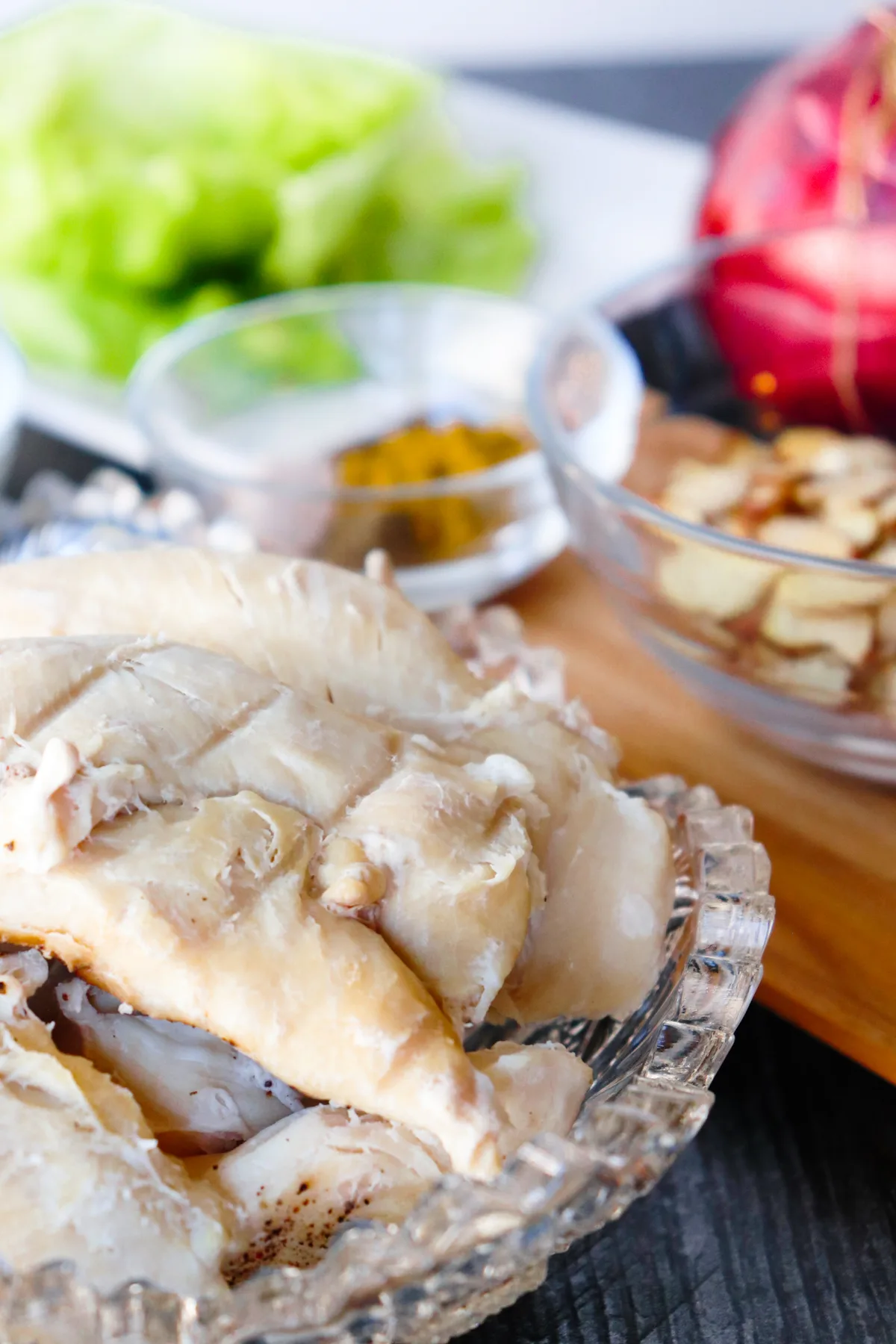 A side close up view of the ingredients in curry keto chicken salad