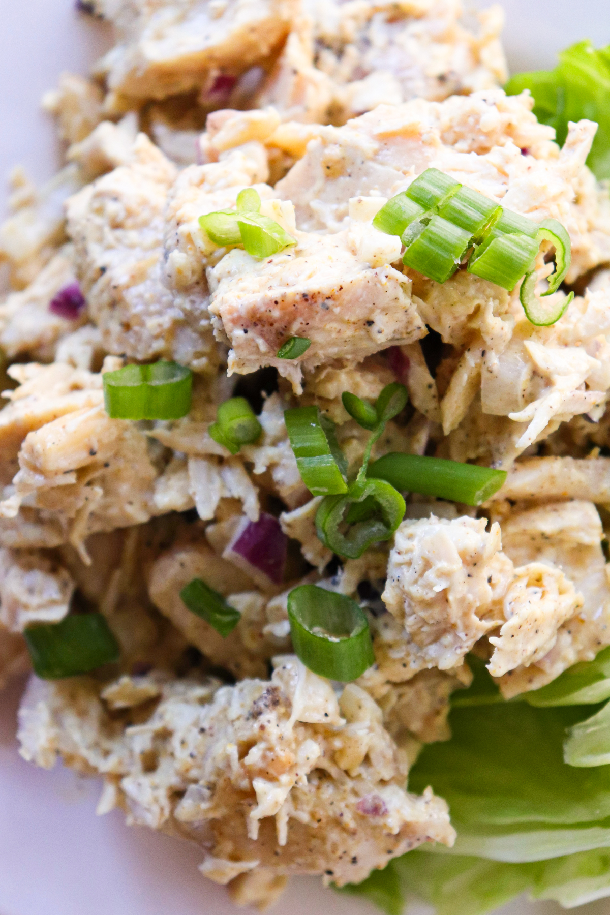 Overhead close up of a keto chicken salad recipe on a white plate