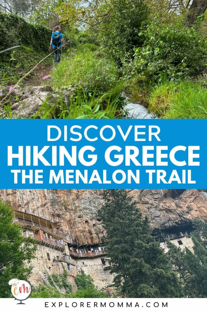 Lauren hiking on the Menalon trail and a picture of a monastary in the Lousios Gorge. Discover the Menalon Trail, hiking Greece