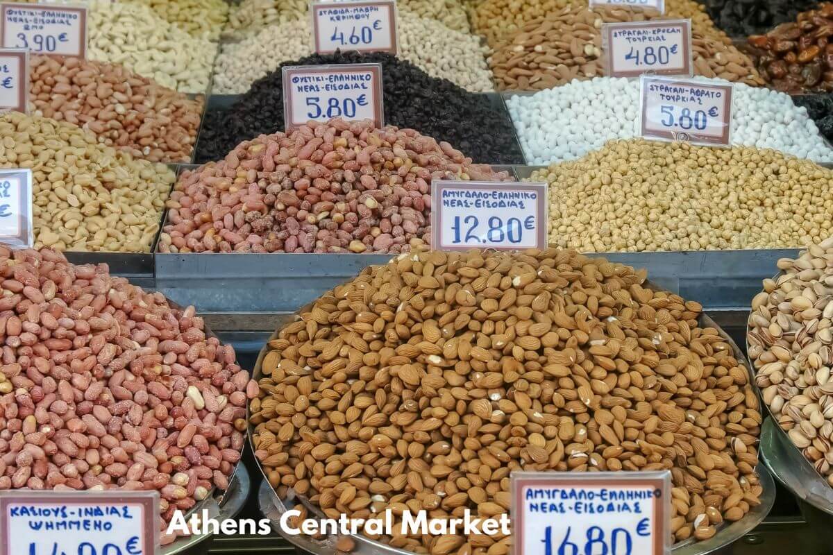 Piles of nuts in the Athens Central Market