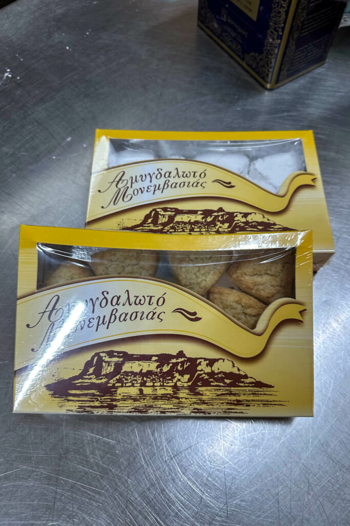 Boxes of Greek almond cookies in Monemvasia Greece
