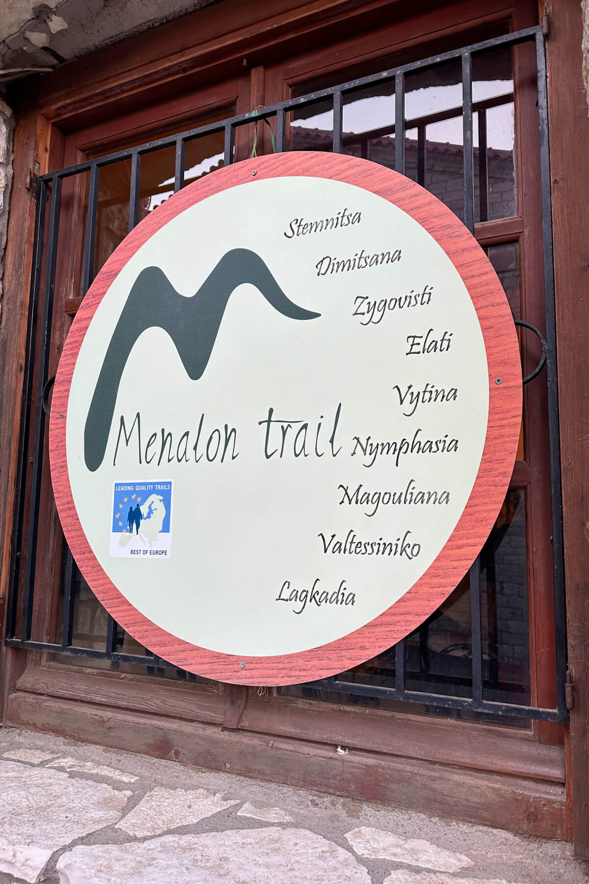 Menalon Trail sign listing the villages along the way